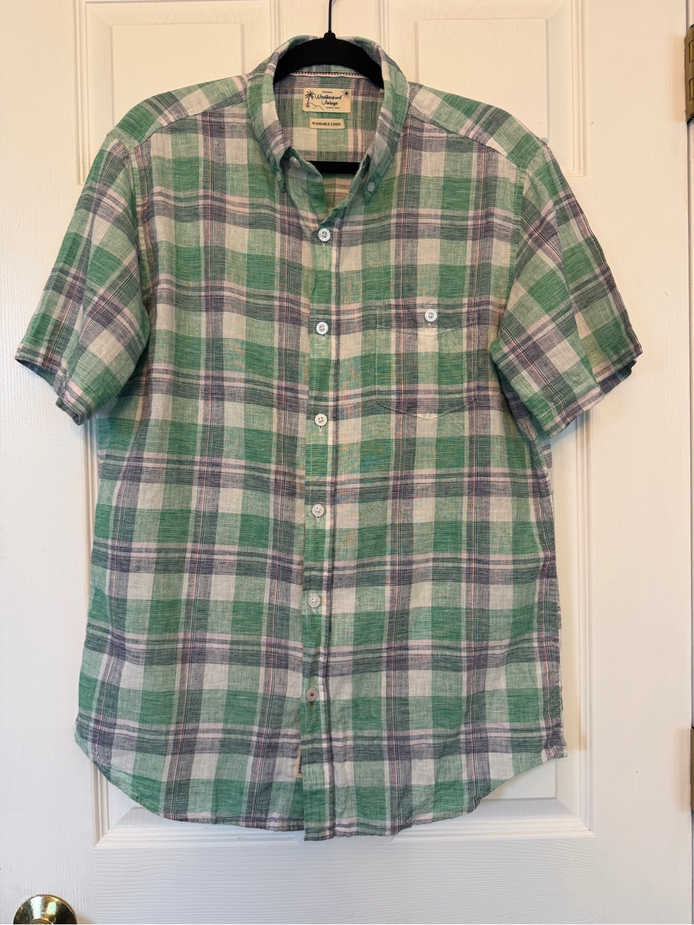 Original Weatherproof Vintage Green Plaid Short-Sleeve Button-Down Camp Shirt. M
